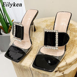 kamames Brand Buckle Crystal Rhinestones Women Slipper Summer Fashion Jelly Square Toe High Heels Party Slide Shoes