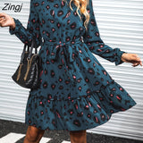 kamames PETAL Belted Blue Leopard Mini Dress For Woman Sexy Mock Neck Long Sleeve Party Dress 2023 Spring Autumn Female Sundress