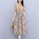 kamames Summer Cotton Linen Vintage Floral Patchwork Drawstring Dress Women Short Sleeve Casual Fashion A-line Midi Robe Dresses