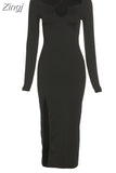 kamames Elegant Solid Black Halter Maxi Dress for Women Sexy Cleavage High Side Slit Slim Long Prom Dress Party Clubwear