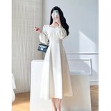 kamames Vintage White Midi Dresses for Women 2023 New Autumn Elegant Fashion Square Neck Long Sleeves Bride Wed Female Clothing