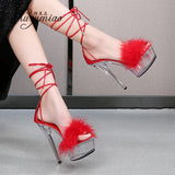 kamames Shuzumiao Women's Sandals 2021 Summer New Waterproof Platform Transparent Fur High Heels Cross Straps Thin Heel Pole Dance Shoes