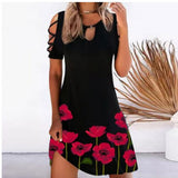 kamames Women Floral Print Party Dresses Sexy Summer Short Sleeve O-Neck Mini Dress For Ladies Hollow Out Design Elegant Dress 5147