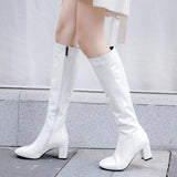 kamames Women Boots Fashion Patent Leather Knee High Boots Cozy Square High Heel Long Boots Zipper Winter Plus Female Boots Shoes