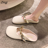 kamames Women's Shoes 2023 Women's Slippers New Slippers Solid Color Metal Decorative Bottom Heel Square Heel Ladies Slippers