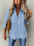 Plus Size Lapel Collar Shirt - Soft Cotton Blend, Slight Stretch, Pocket Detail, Casual High Low Hem - Perfect for Spring & Summer, Womens Comfortable Everyday Wear