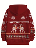 Boys' Festive Christmas Hoodie with Reindeer & Snowflake Print - Cozy Polyester Blend, Long Sleeve Pullover for Fall/Winter