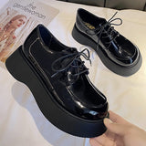 kamames Big-Headed Shoes Female Muffin Tie Round Head Thick-Soled Derby Shoes Doll Sen Small Black Leather Shoes Single Shoes