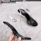 kamames Summer Walk Show Model High Heels Women Sandals Sexy Transparent Crystal Party Ladies Shoes Wedding Bridal Shoes Silver Big Size