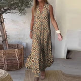 kamames Loose Tank Bohemian Dress Summer Vintage Lady V Neck Sleeveless Print Dress Sexy Hollow Side Split Beach Long Dress Mujer