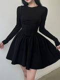 kamames Korean Clothes Long Sleeve Corset Black Dress Female Solid Basic O Neck Fashion Autumn Dress Pleated Slim Elegant New