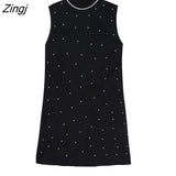 kamames 2022 Women Fashion Half High Collar Pearl Beading Sleeveless Knitting Vest Dress Female Chic Slim Mini Vestidos DS2828