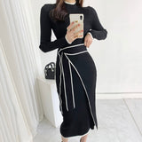 Zingj Patchwork Slim Woman Dress Vintage Full Sleeve Knitted Midi Dress Women Autumn Winter Elegant Sweater Knit Dress 2021