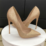 kamames Shallow pumps ladies 12cm high heels fashion pointed toe women's shoes party shoes Bling slip-on women pumps LF018 ROVICIYA