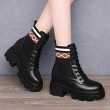 kamames Boots For Women 2023 Winter Motorcycle Boots 9cm Wedges Heel High Platform Leather Shoes Woman Winter Thick Fur Snow Boots
