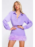 kamames Women Lapel Collar Long Sleeve Feathers Mini Dress Elegant Purple Orchid Feather High Waist Bodycon Dress Evening Club Party