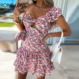 kamames Women Elegant One Shoulder Ruffle Sleeves Disty Floral Print Mini Bodycon Hollow Out Dresses