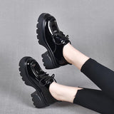 kamames kamames Women With Thick Soles 2023 Autumn And Winter Round Head Tied With Letters Decorative Cow Lacquered Leather Single Shoes Women's Muffins