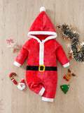 Infant Santa Claus Hooded Romper - 100% Polyester Fleece Long Sleeve Onesie for Babies | Casual Solid Red Winter Jumpsuit with Santa Belt Detail | Knit Fabric, Regular Fit Christmas Costume for Newborns and Toddlers, For Outdoor