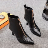 kamames Women High Heeled Short Boots 2023 NEW Weaved Pointed toe Winter Shoes,Ankle Botas,Front Zip BLACK  sapatos femininos