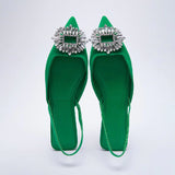 kamames ZAR 2022 Summer New Green Single Shoes Women Fashion Pointed Toe Flat Rhinestone Muller Sandals And Slippers Woman Shoes Luxury
