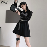 Zingj Sleeve Dress Women Notched Mini Elegant Korean Style All Match Autumn Popular Vintage Leisure Girlish Street Wear College