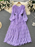 kamames Autumn Women Draped Chiffin Dress Femael Vintage Round Neck Puff Long Sleeve High Waist A-Line Loose Pleated Robe New
