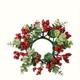 Charming Christmas Wreath with Candle Ring - Artificial Eucalyptus & Red Berry Garland for Front Door, Window, Fireplace - Perfect Holiday Decor