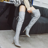 kamames Sgesvier Sequined Bride Wedding Thigh High Boots Women Shoes Gold Silver Red Thin High Heels Sexy Party Dress Long Boots Lady