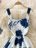 kamames Blue Floral Midi Dress For Women Elegant Square Collar Spaghetti Strap Robe Female High Waist Big Swing Vestidos 2023