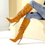 kamames Autumn Winter Women Boots Pleated Fashion Knee High Boots Sexy Thin High Heel Slip On Long Boots Pointed Toe Shoes Size 43