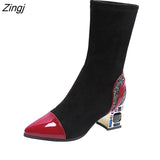 kamames Short Boots Woman Mid Calf Boot Elastic Fabric Rhinestone Square Heel Women's Winter Shoes Black Female Footware