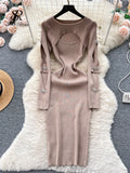 kamames 2023 Autumn Knitted Chic Dress O Neck Hollow Out Long Sleeves Bows Decoration Solid Women Slim Fit Bodycon Party Dress