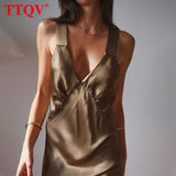 kamames Sexy V-Neck Apricot Satin Women'S Dress 2022 Summer Bodycon Sleeveless Mini Dresses Fashion Silky Backless Female Dress