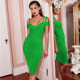 kamames Midi Bandage Dress for Women Elegant Off The Shoulder Bodycon Dresses 2022 Summer V-neck Sexy Evening Club Party Dress