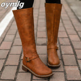 kamames high Boots brown Women Vintage leather Square Heel Zipper knee height buckle Boot Keep Warm Round Toe Shoes British Style