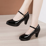 kamames Leather Catwalk High Heel Women's Pointed High Heel Thick-Soled Waterproof Platform Professional Black Work Shoes Large-Size Single Shoes