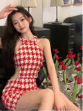 Zingj Hit Color Houndstooth Dress Women Sexy Pearls Beaded Hollow Out Waist Dresses 2023 Summer Sleeveless Bodycon Vestidos