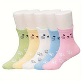 5 Pairs of Adorable Cat Face Girls Socks - Soft-Cotton Blend, Ultra-Comfortable Ear Lifting Design, Breathable for Spring & Summer - Versatile Casual Wear with Elasticized Arch Support