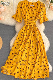 kamames Women Polka Dot Midi Dress Vintage V-Neck Short Flare Sleeve Bandage A-Line Vestidos Female Casual Robe New Fashion