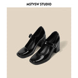 kamames New Mary Jane Shoes Female Retro English Style Hepburn Black High Heel One-Word Buckle Thick Heeled Square Head Single Shoe Woman