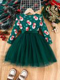 Girls' Winter Christmas Party Princess Dress With Mesh Hem & Lining, Holiday Fun Long Sleeve Christmas Dress With Ribbon Belt, Party Gift