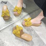 kamames New Summer 7cm Platform Wedge Slippers Women Shoes Butterfly-knot Clog Fabric Bow Mules Flip Flop Light Slides