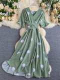 kamames Women Polka Dot Midi Dress Vintage V-Neck Short Flare Sleeve Bandage A-Line Vestidos Female Casual Robe New Fashion