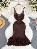 kamames Summer Hollow Out Sexy Dress American INS Strap Slim Fit Ruffles Bodycon Design Solid V-Neck Sleeveless Knitted Dress