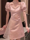 kamames Chic Mini Sequin Dress Women Vintage V-neck Luxury Evening Dress Female Elegant Lace Patchwork Prom Party Dress 2023