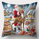 Contemporary Christmas Throw Pillow Covers Set of 4 - Santa Claus and Reindeer with Snowy Village Scene, Hand Washable Zippered Polyester Cushion Cases for Sofa and Living Room Decor, 17.7x17.7 inches - Festive Winter Holiday Decorative Pillowcases (Inser