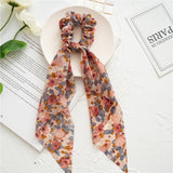Korean Bow Long Ribbon Hair Scrunchie Chiffon Floral Print Sweet Elastic Hair Band Ponytail Hair Scarf Hair Tie Hair Accessories