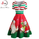 kamames Dress Women Winter Santa Claus Striped Print Elegant Short Sleeve V-neck Xmas Party Midi Sundress