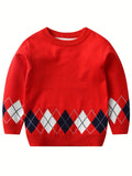 Cozy Boys' Argyle Plaid Sweater Pullover - Soft Round Neck Long Sleeve Stretch Warm Knit Top for Kids Outdoor Play - Classic Style Winter Clothing for Boys